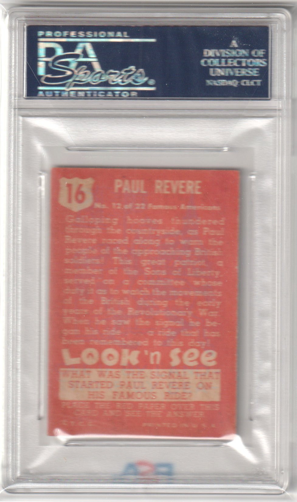 1952 Look 'N See Paul Revere #16 PSA 5 - Columbia Hobby - Sports Card Boxes - Toploaders - Card Savers