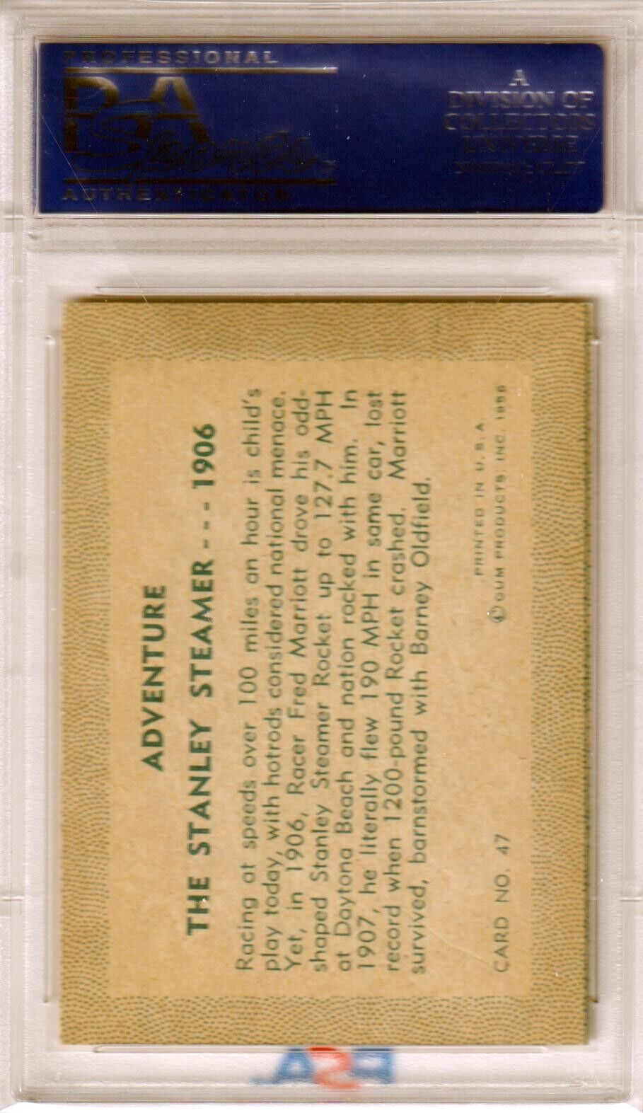 1956 Adventure Gum The Stanley Steamer 1906 #47 PSA 8 NM - MT - Columbia Hobby - Sports Card Boxes - Toploaders - Card Savers
