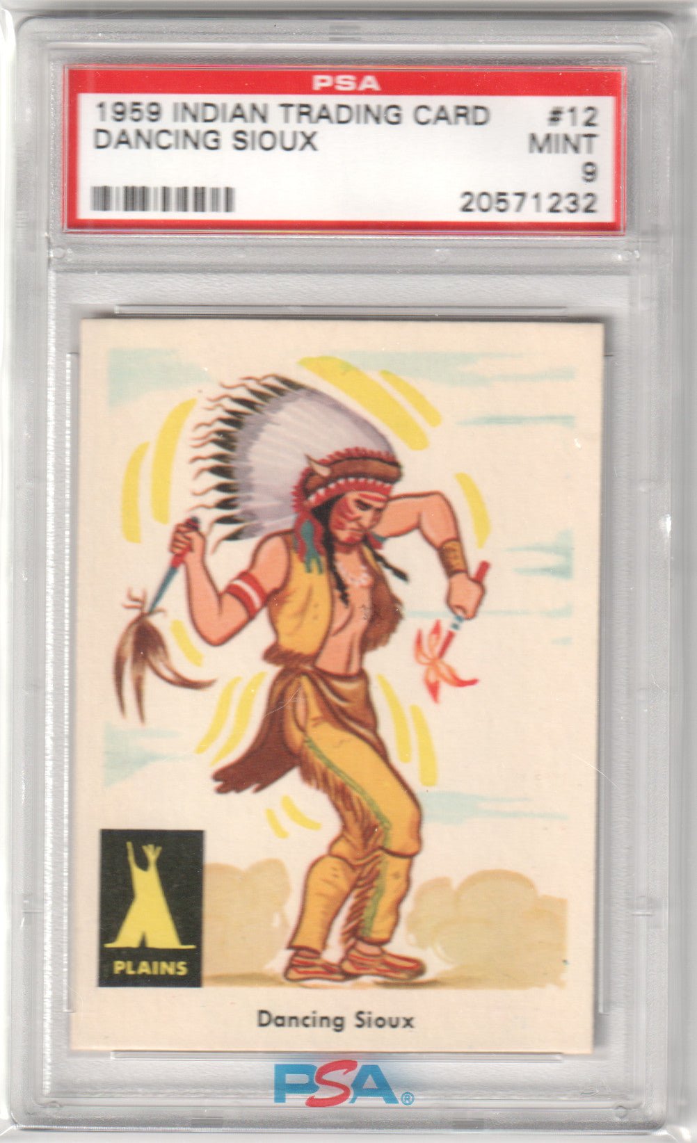 1959 Indian Trading Card Dancing Sioux #12 PSA 9 - Columbia Hobby - Sports Card Boxes - Toploaders - Card Savers