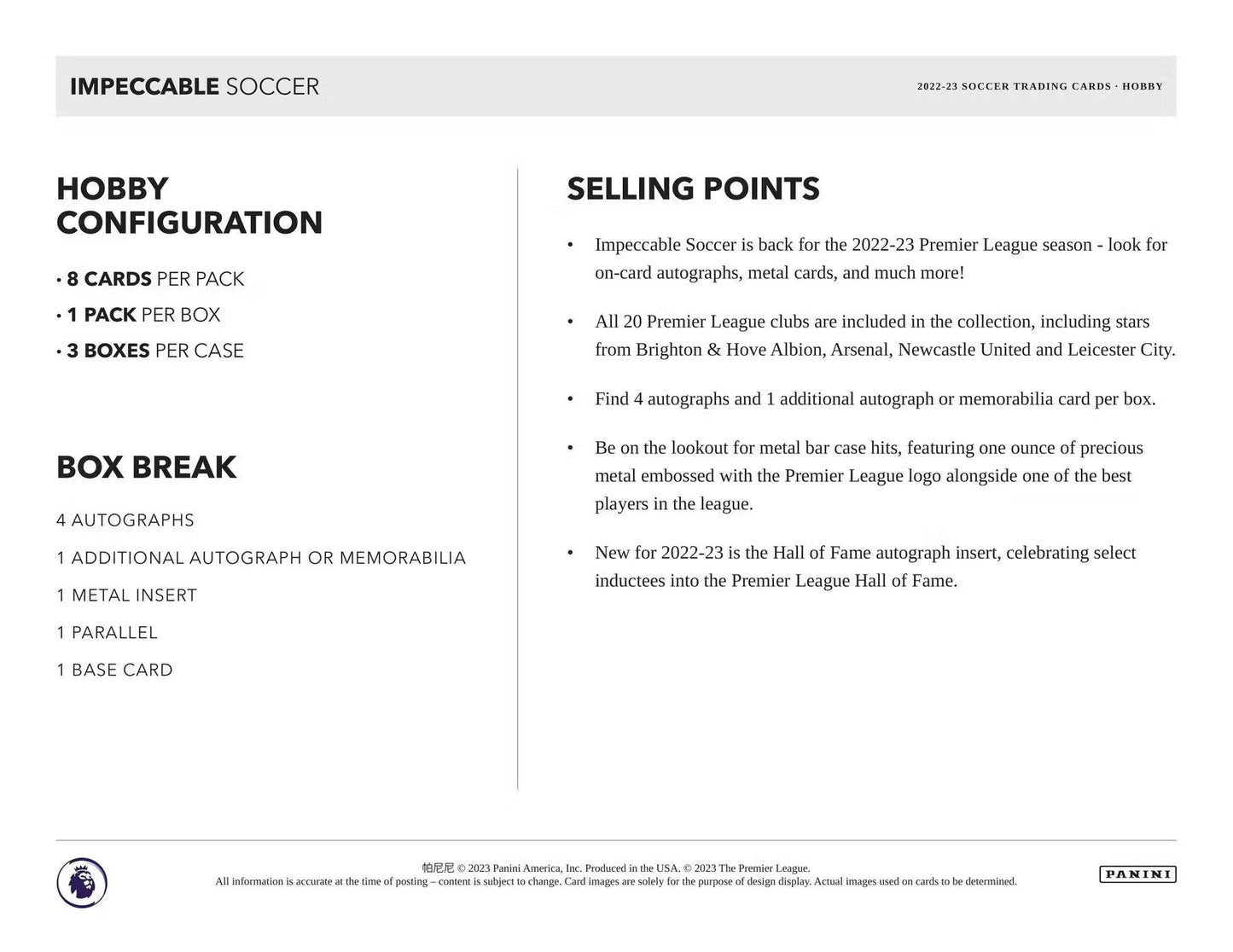 2022 - 23 Panini Impeccable Premier League EPL Soccer Hobby Box - Columbia Hobby - Sports Card Boxes - Toploaders - Card Savers