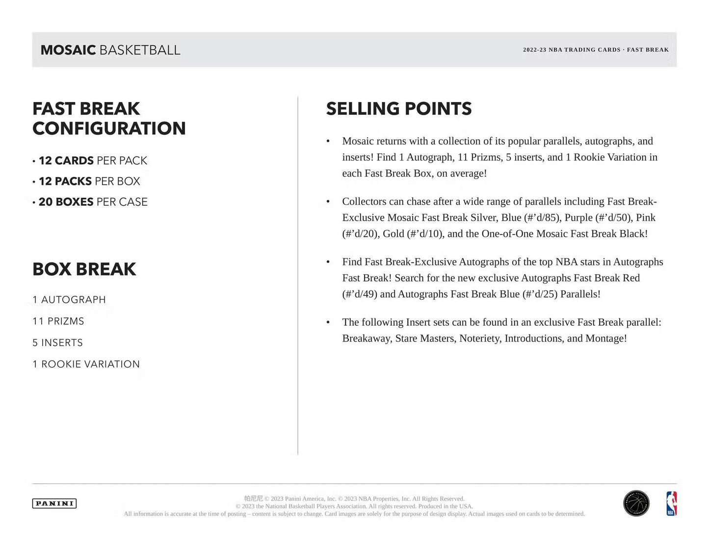 2022 - 23 Panini Mosaic Basketball Fast Break Box - Columbia Hobby - Sports Card Boxes - Toploaders - Card Savers