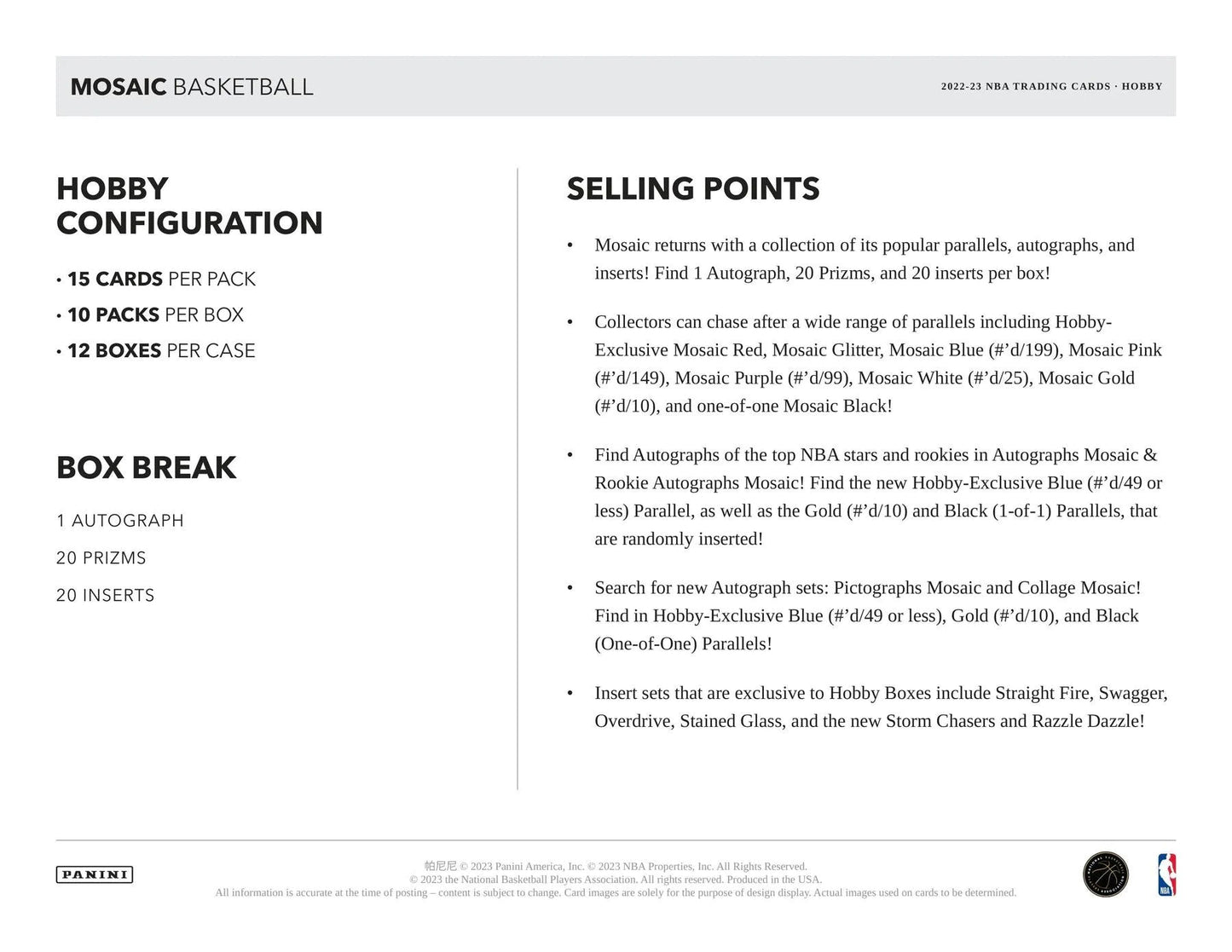 2022 - 23 Panini Mosaic Basketball Hobby Box - Columbia Hobby - Sports Card Boxes - Toploaders - Card Savers