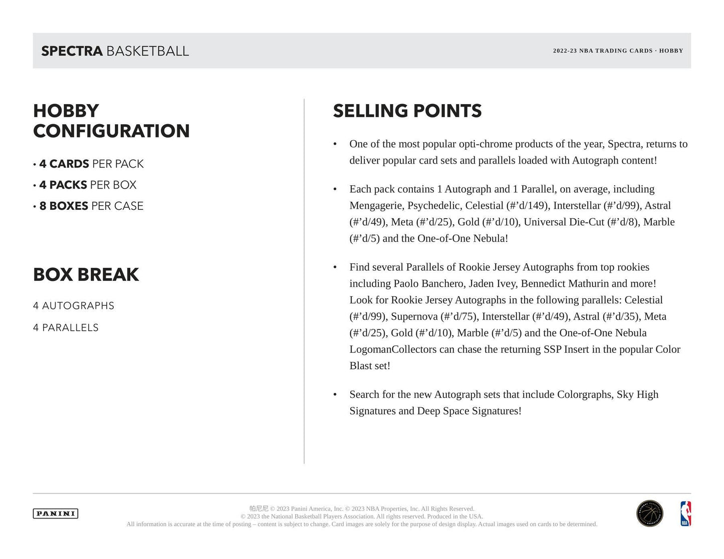 2022 - 23 Panini Spectra Basketball Hobby Box - Columbia Hobby - Sports Card Boxes - Toploaders - Card Savers