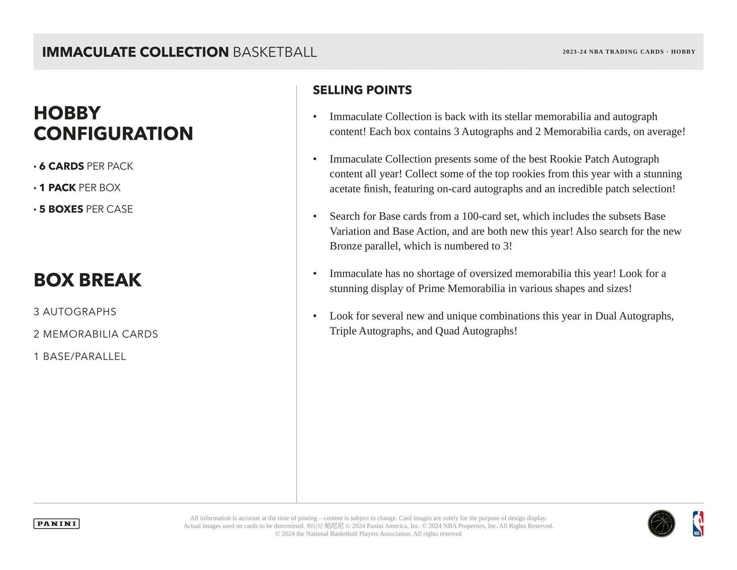 2023 - 24 Panini Immaculate Basketball Hobby Box - Columbia Hobby - Sports Card Boxes - Toploaders - Card Savers