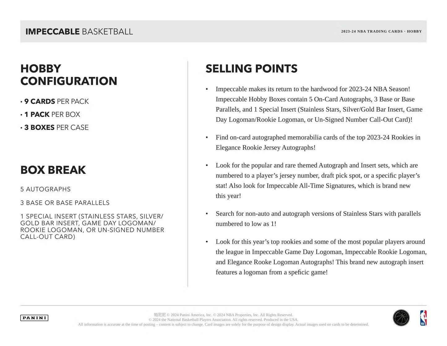 2023 - 24 Panini Impeccable Basketball Hobby Box - Columbia Hobby - Sports Card Boxes - Toploaders - Card Savers