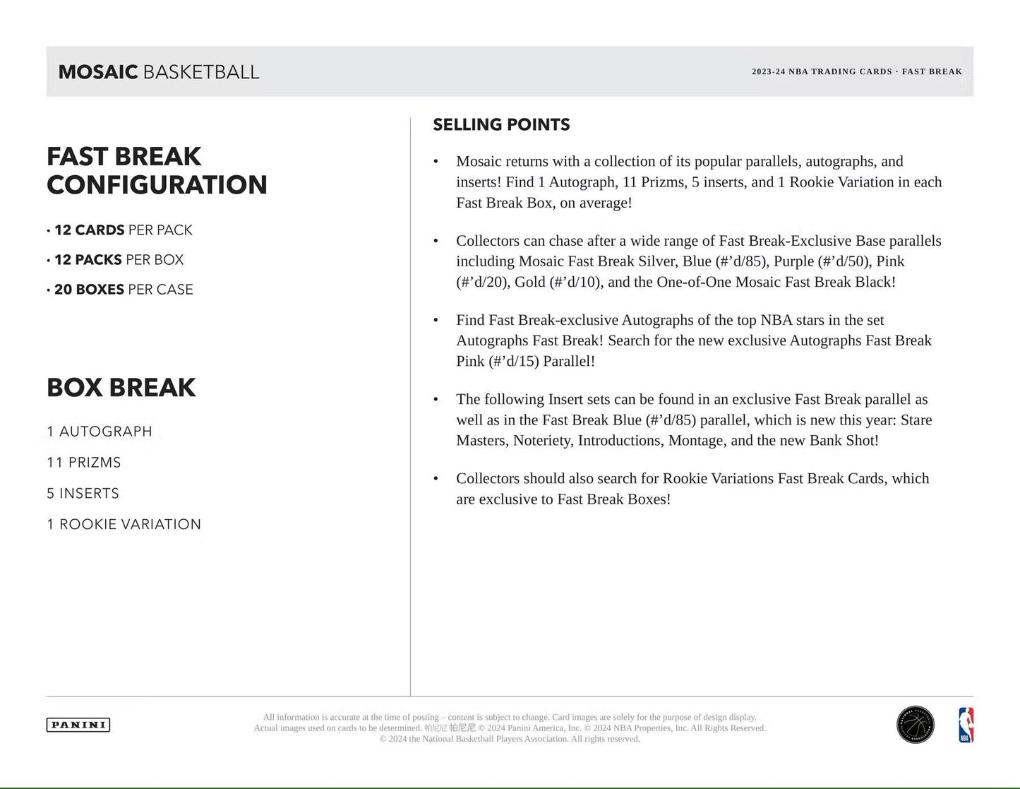 2023 - 24 Panini Mosaic Basketball Fast Break Box - Columbia Hobby - Sports Card Boxes - Toploaders - Card Savers
