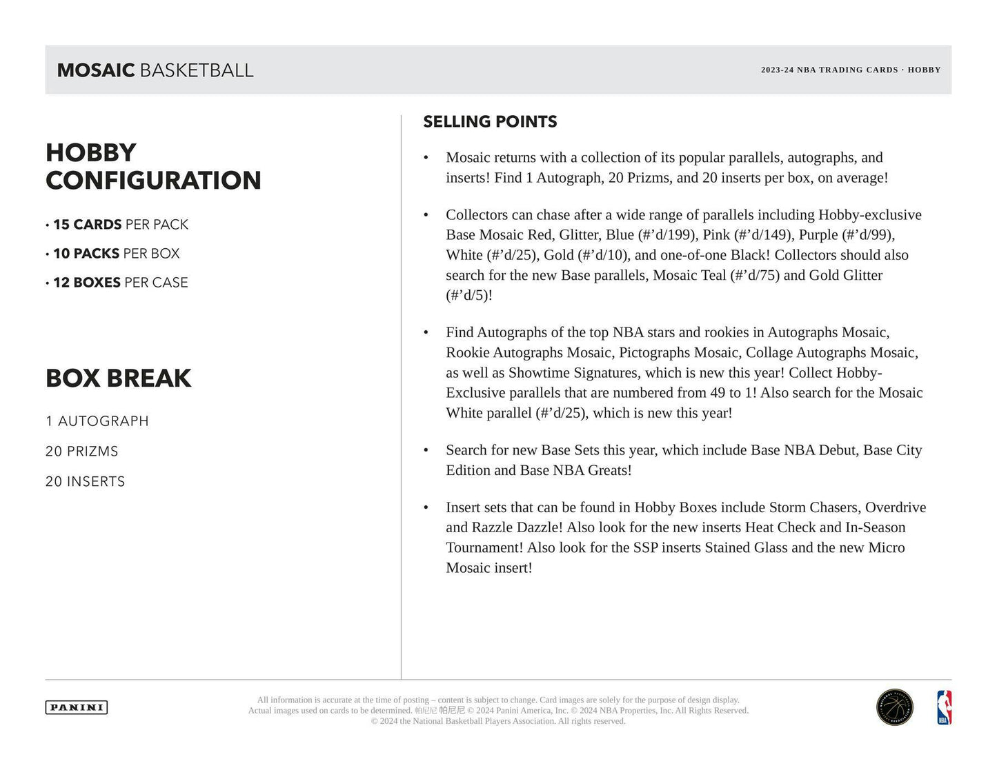 2023 - 24 Panini Mosaic Basketball Hobby Box - Columbia Hobby - Sports Card Boxes - Toploaders - Card Savers