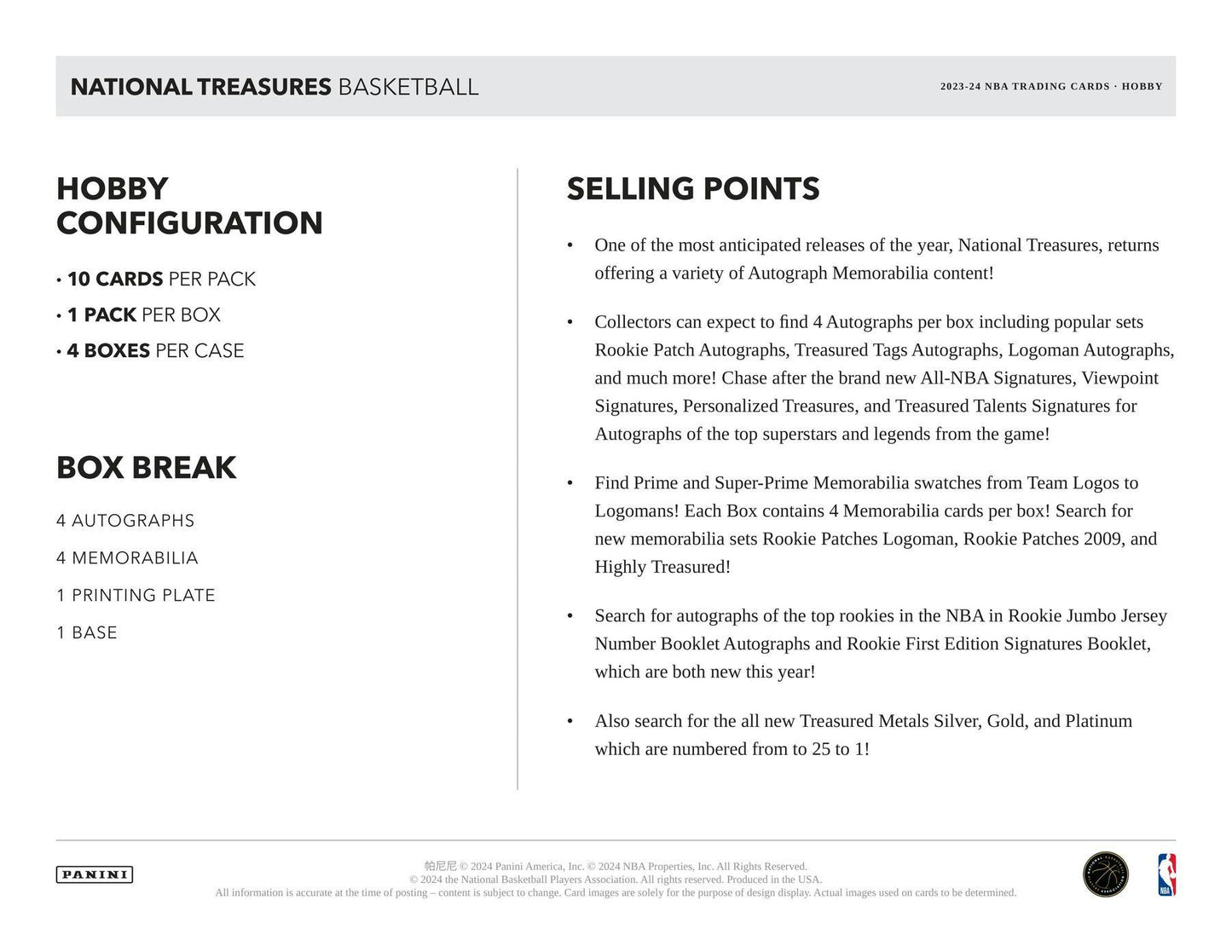 2023 - 24 Panini National Treasures NBA Basketball Hobby Box - Columbia Hobby - Sports Card Boxes - Toploaders - Card Savers
