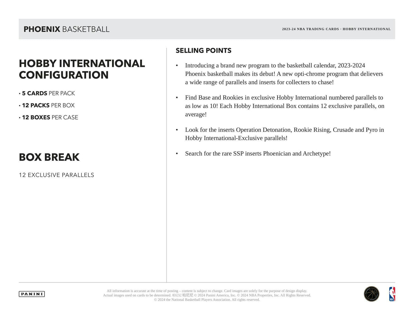 2023 - 24 Panini Phoenix Basketball International Hobby Box - Columbia Hobby - Sports Card Boxes - Toploaders - Card Savers