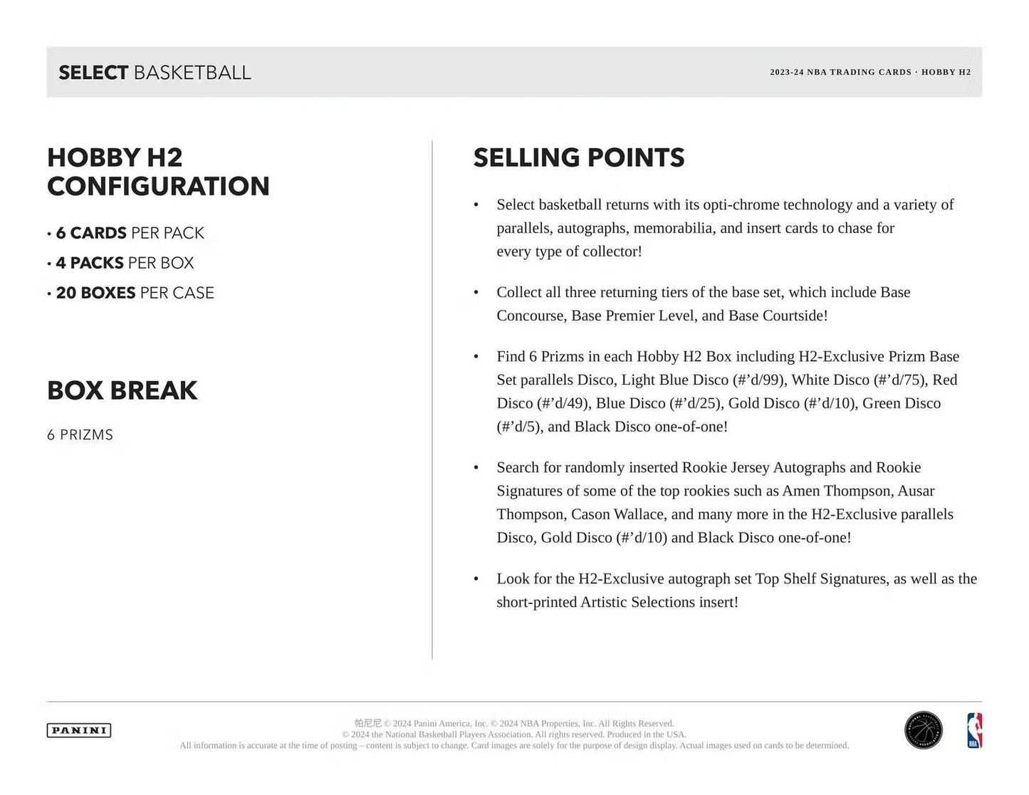 2023 - 24 Panini Select Basketball H2 Box - Columbia Hobby - Sports Card Boxes - Toploaders - Card Savers