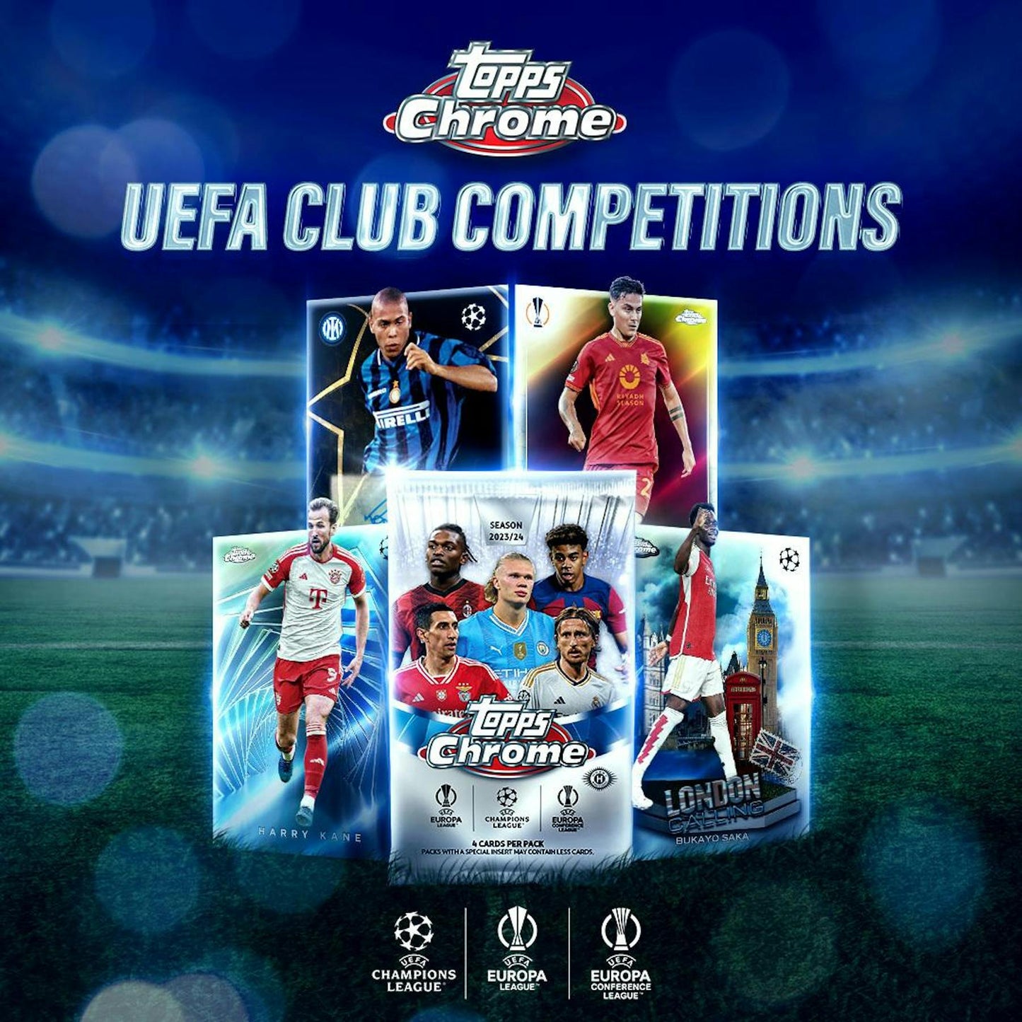 2023 - 24 Topps Chrome UEFA Club Competitions Soccer 7 - Pack Blaster Box - Columbia Hobby - Sports Card Boxes - Toploaders - Card Savers