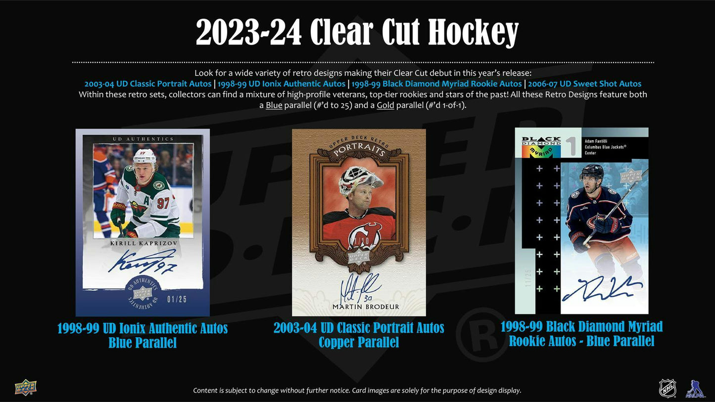 2023 - 24 Upper Deck Clear Cut Hockey Hobby Box - Columbia Hobby - Sports Card Boxes - Toploaders - Card Savers