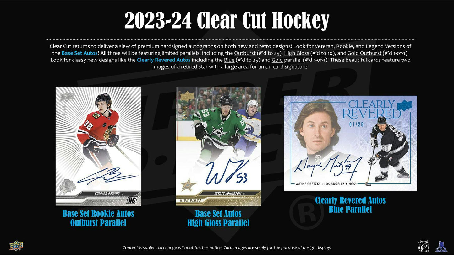 2023 - 24 Upper Deck Clear Cut Hockey Hobby Box - Columbia Hobby - Sports Card Boxes - Toploaders - Card Savers