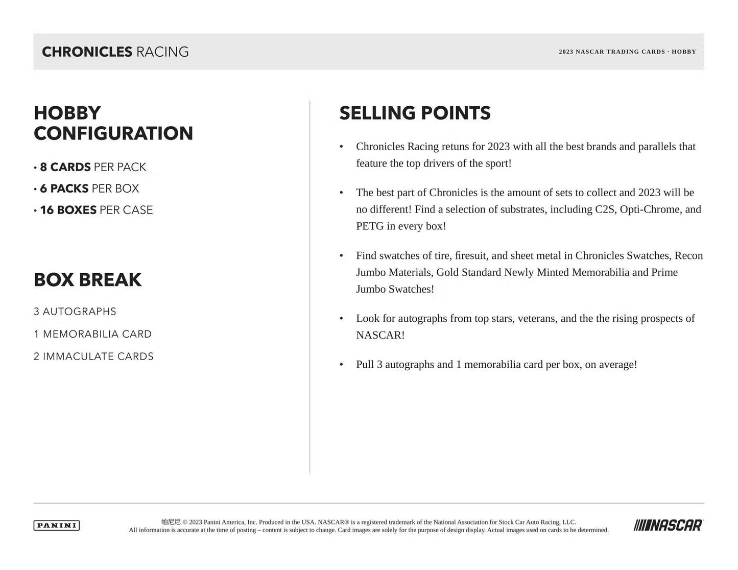 2023 Panini Chronicles Racing Hobby Box - Columbia Hobby - Sports Card Boxes - Toploaders - Card Savers
