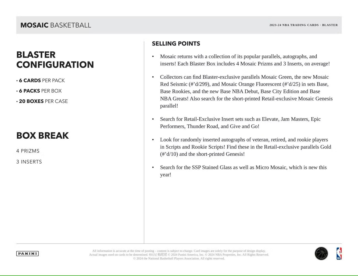 2023/24 Panini Mosaic Basketball 6 - Pack Blaster Box - Columbia Hobby - Sports Card Boxes - Toploaders - Card Savers