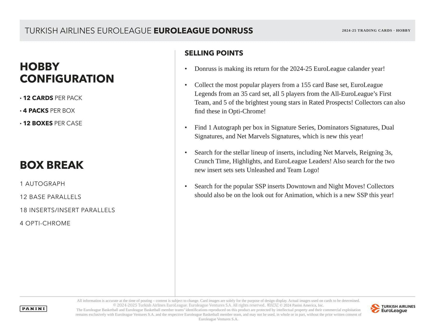 2024 - 25 Panini Donruss Turkish Airlines EuroLeague Basketball Hobby Box - Columbia Hobby - Sports Card Boxes - Toploaders - Card Savers