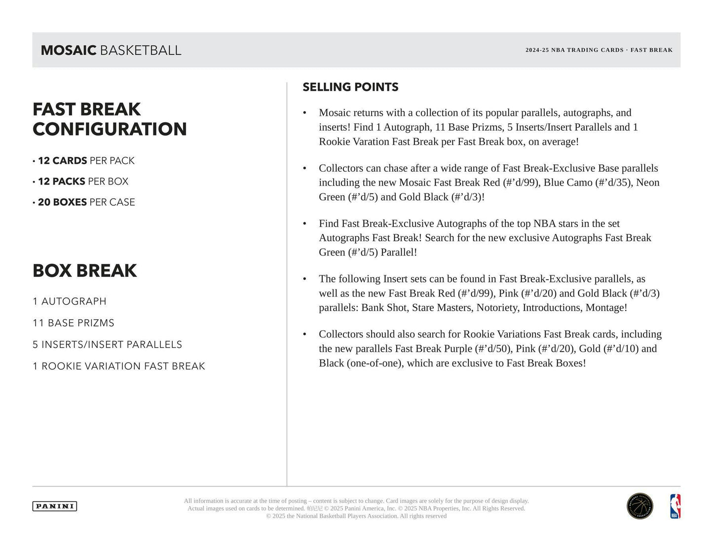 2024 - 25 Panini Mosaic Basketball Fast Break Box | Columbia Sports Cards - Columbia Hobby - Sports Card Boxes - Toploaders - Card Savers