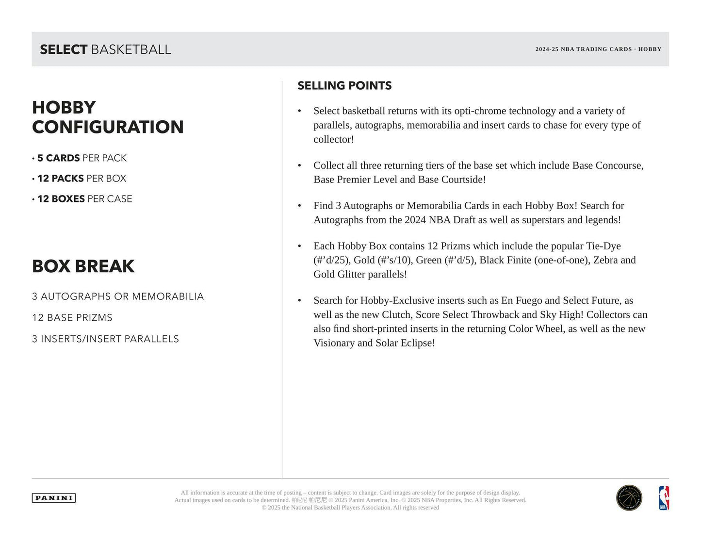 2024 - 25 Panini Select Basketball Hobby Box - Columbia Hobby - Sports Card Boxes - Toploaders - Card Savers