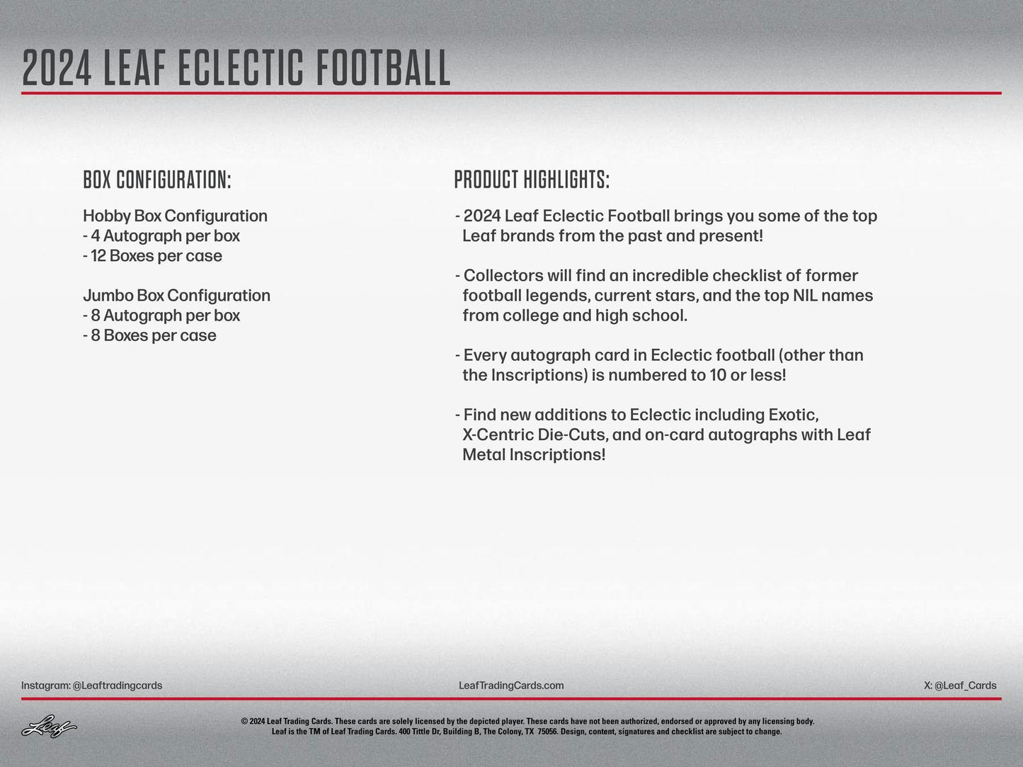 2024 Leaf Eclectic Football Hobby Box - Columbia Hobby - Sports Card Boxes - Toploaders - Card Savers