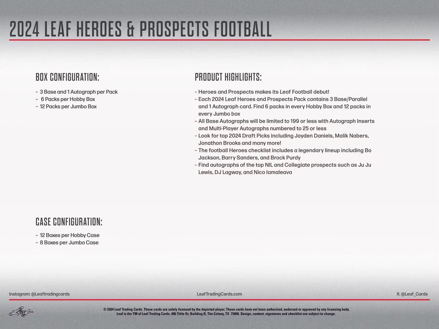 2024 Leaf Heroes & Prospects Football Hobby Jumbo Box - Columbia Hobby - Sports Card Boxes - Toploaders - Card Savers