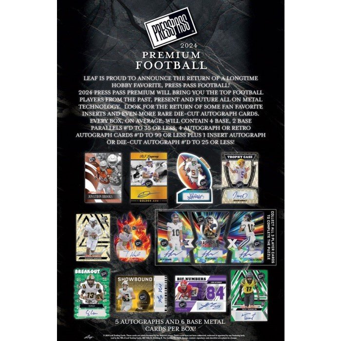 2024 Leaf Press Pass Premium Football Hobby - Columbia Hobby - Sports Card Boxes - Toploaders - Card Savers