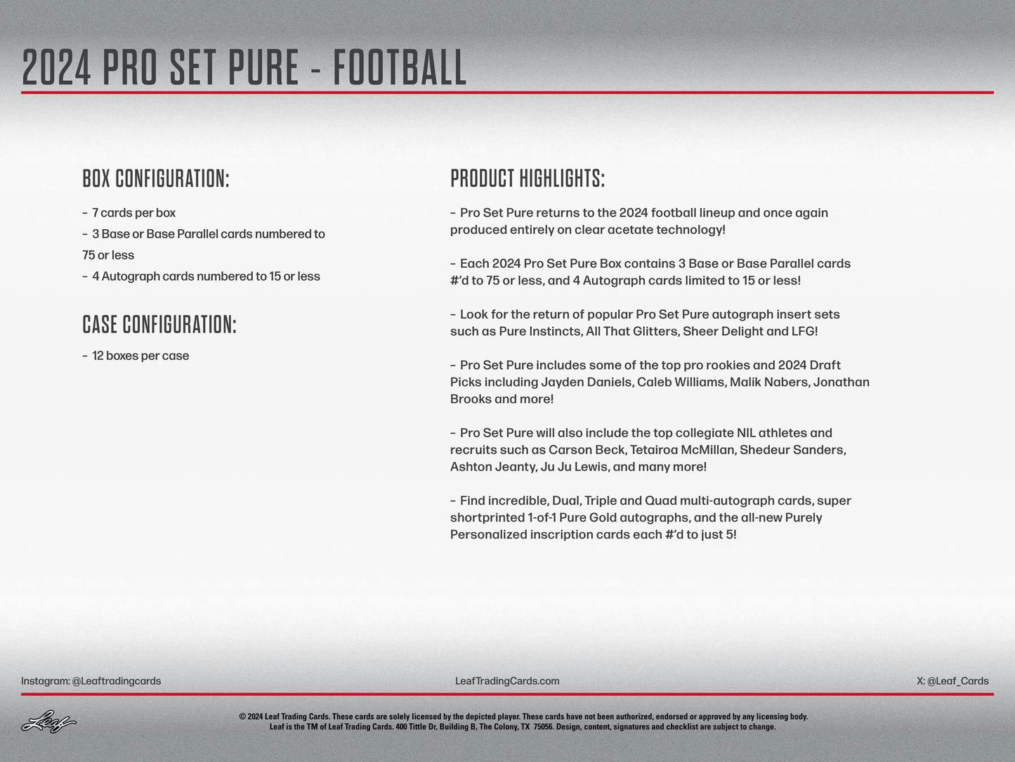 2024 Leaf Pro Set Pure Football Hobby Box - Columbia Hobby - Sports Card Boxes - Toploaders - Card Savers
