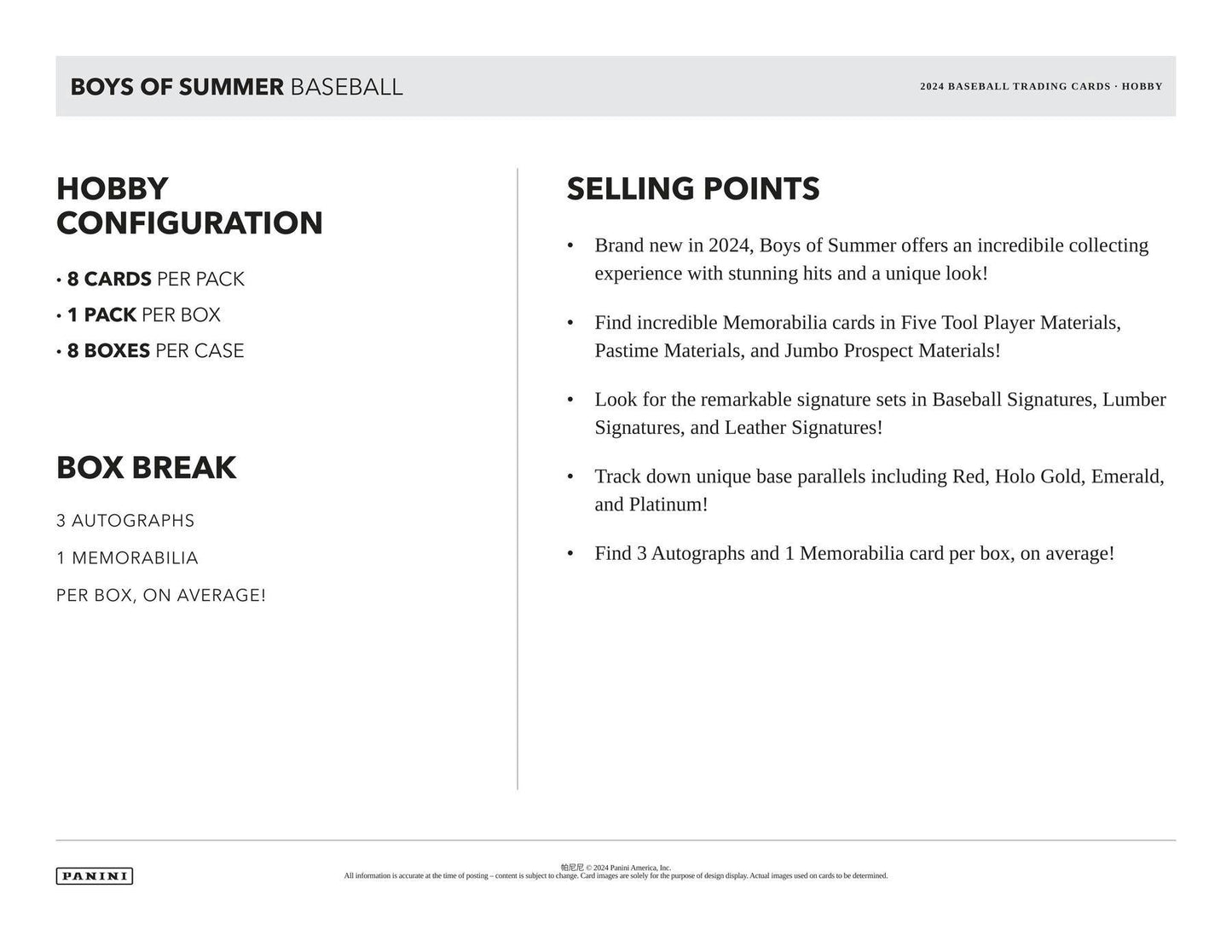 2024 Panini Boys of Summer Baseball Hobby Box - Columbia Hobby - Sports Card Boxes - Toploaders - Card Savers