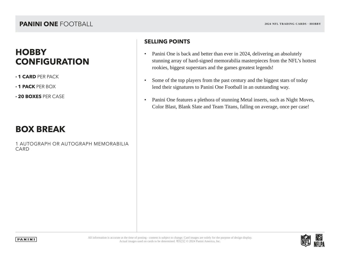 2024 Panini One Football Hobby Box | Columbia Sports Cards - Columbia Hobby - Sports Card Boxes - Toploaders - Card Savers