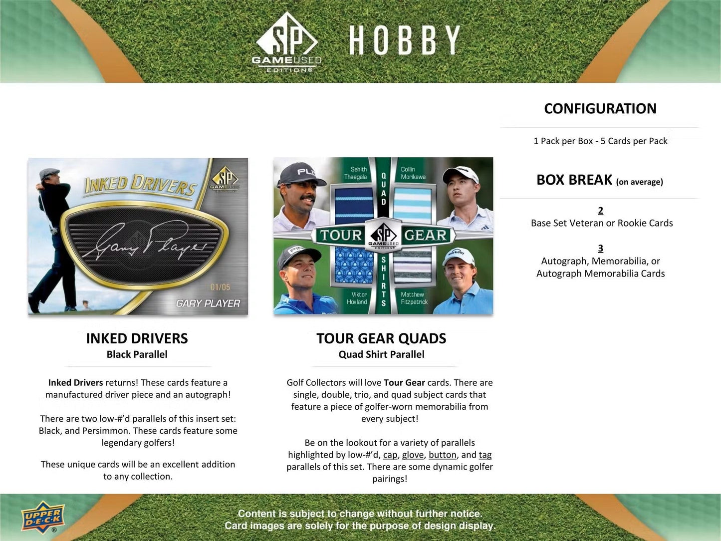 2024 Upper Deck SP Game Used Golf Hobby Box - Columbia Hobby - Sports Card Boxes - Toploaders - Card Savers