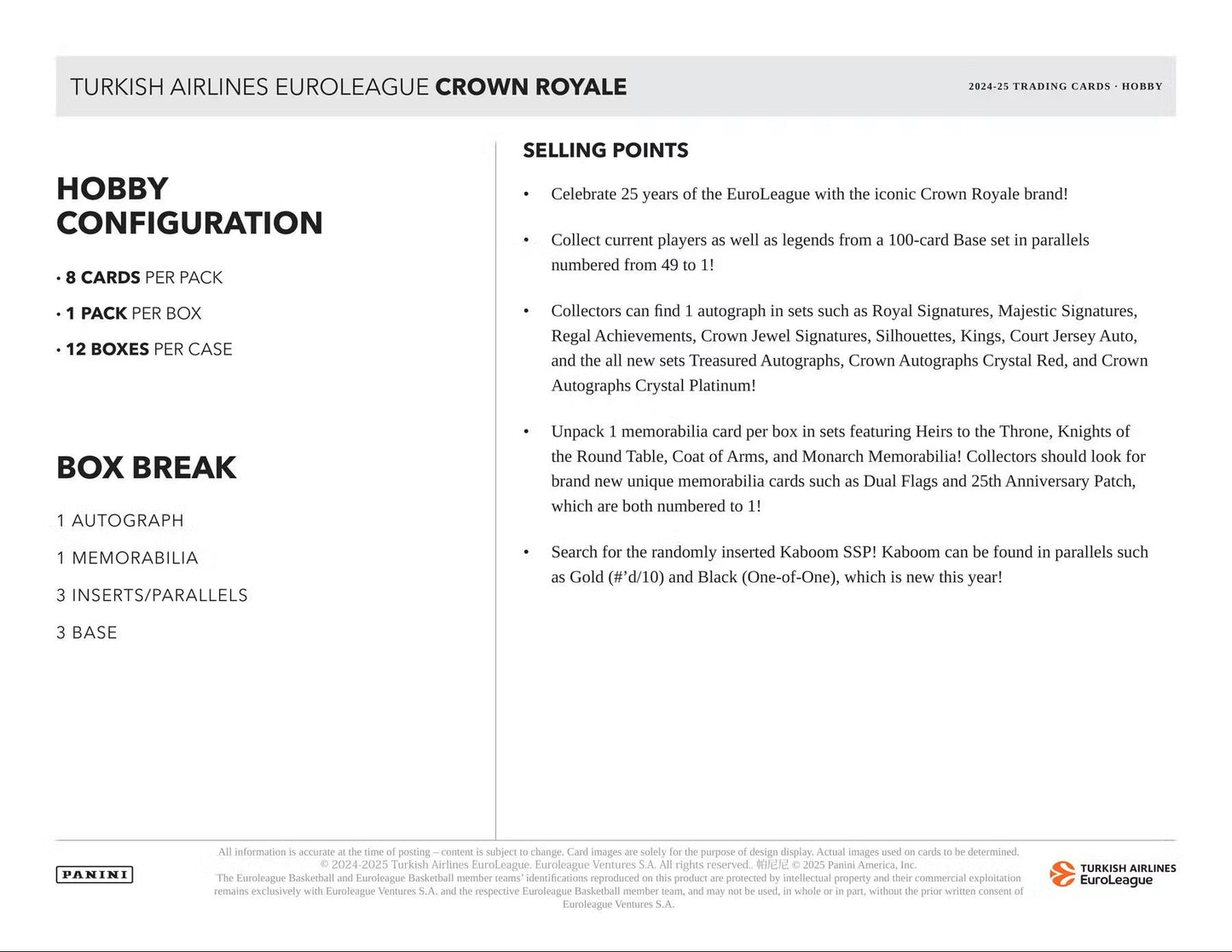 2024/25 Panini EuroLeague Crown Royale Basketball Hobby Box | Columbia Sports Cards & More - Columbia Hobby - Sports Card Boxes - Toploaders - Card Savers