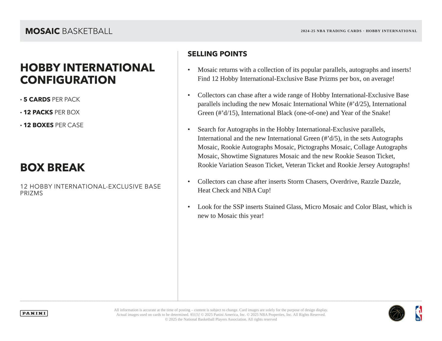 2024/25 Panini Mosaic Basketball International Hobby Box | Columbia Sports Cards - Columbia Hobby - Sports Card Boxes - Toploaders - Card Savers