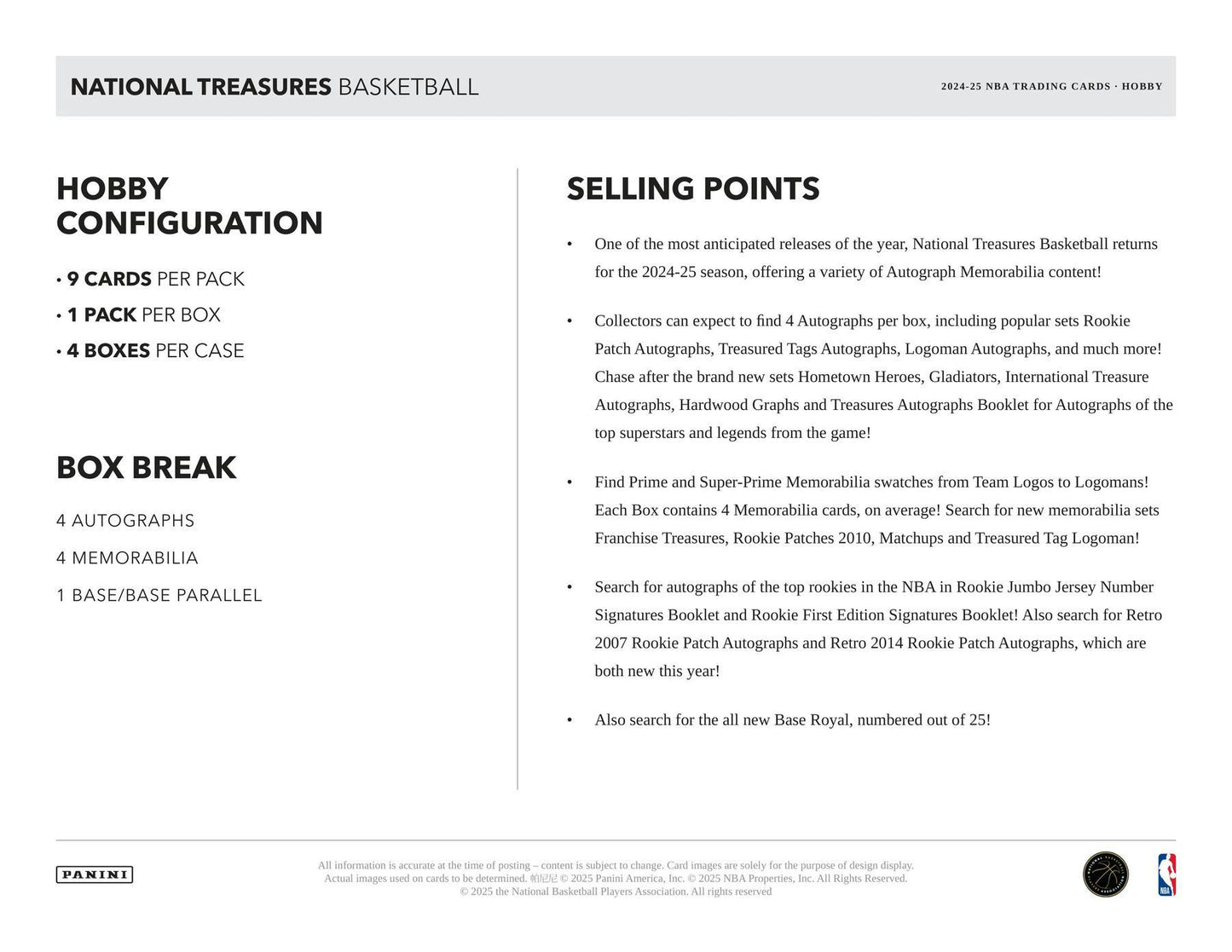 2024/25 Panini National Treasures Basketball Hobby Box | Columbia Sports Cards - Columbia Hobby - Sports Card Boxes - Toploaders - Card Savers