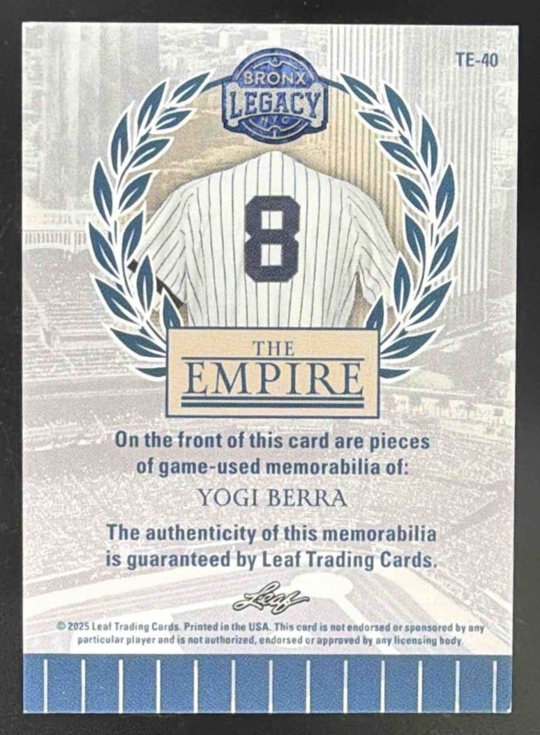 2025 Leaf A Bronx Legacy Yogi Berra Spectrum Green HoloFoil /5 TE - 40 MEM - Columbia Sports Cards