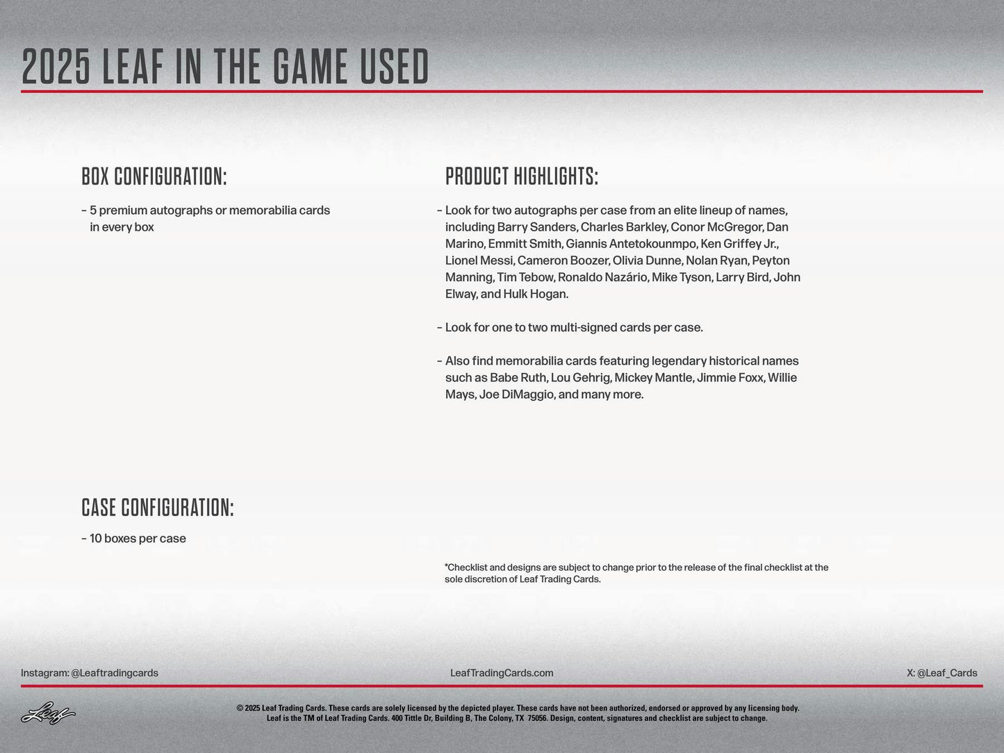 2025 Leaf In The Game Used Sports Hobby Box | Columbia Sports Cards - Columbia Hobby - Sports Card Boxes - Toploaders - Card Savers