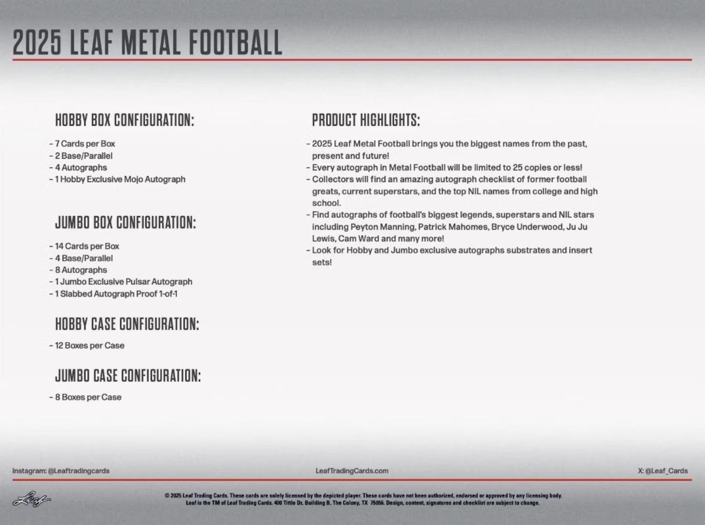 2025 Leaf Metal Football Hobby Box - Columbia Hobby - Sports Card Boxes - Toploaders - Card Savers