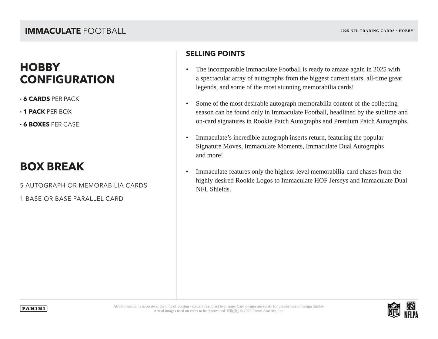 2025 Panini Immaculate Football Hobby Box | Columbia Sports Cards - Columbia Hobby - Sports Card Boxes - Toploaders - Card Savers