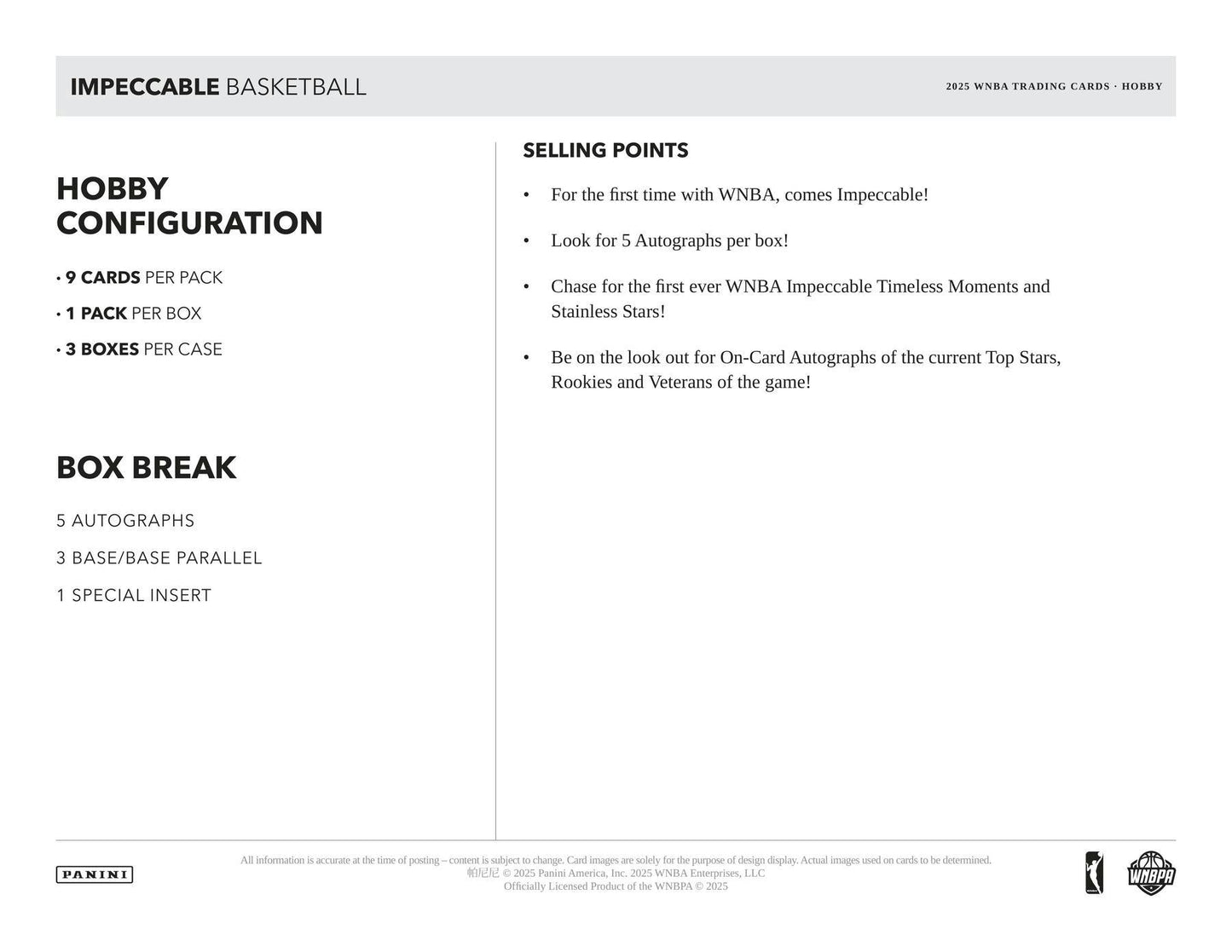 2025 Panini Impeccable WNBA Basketball Hobby Box | Columbia Sports Cards - Columbia Hobby - Sports Card Boxes - Toploaders - Card Savers
