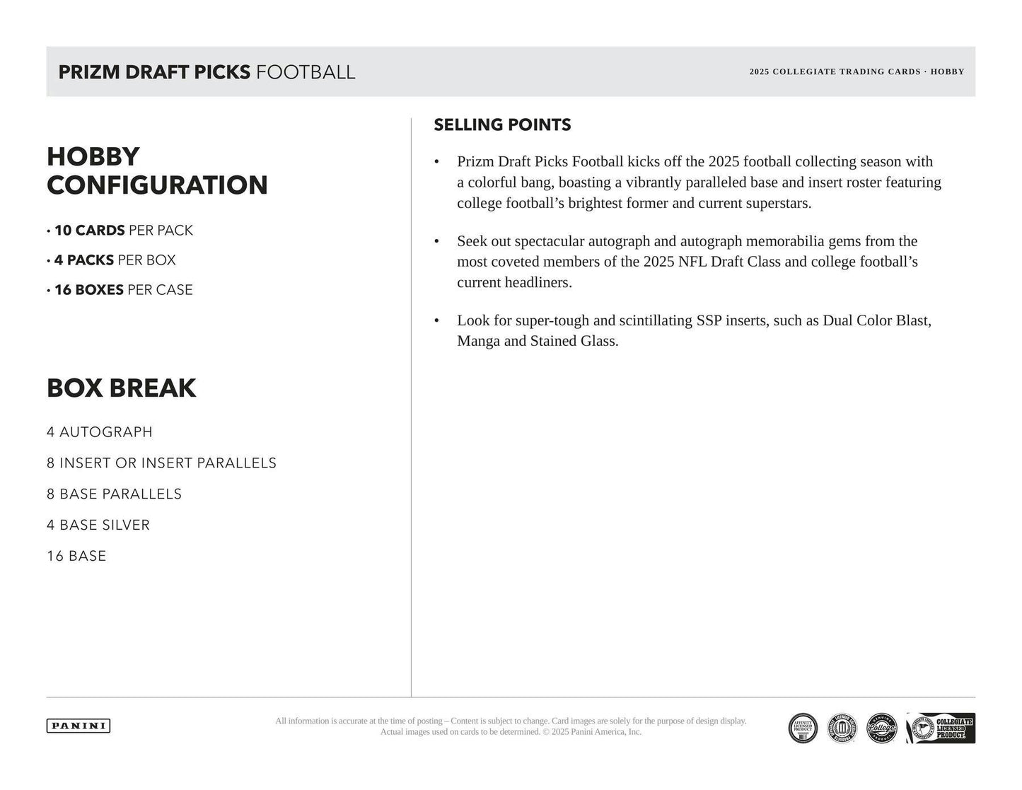 2025 Panini Prizm Draft Picks Football Hobby Box | Columbia Sports Cards - Columbia Hobby - Sports Card Boxes - Toploaders - Card Savers