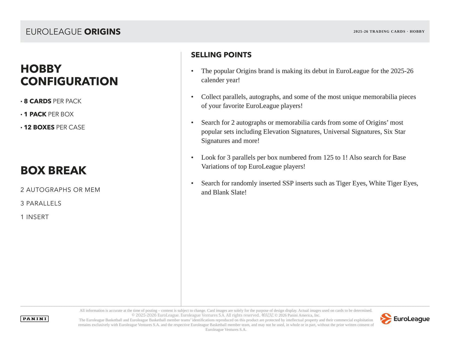 2025/26 Panini Origins EuroLeague Basketball Hobby Box | Columbia Sports Cards | Columbia Hobby - Sports Card Boxes - Toploaders - Card Savers.