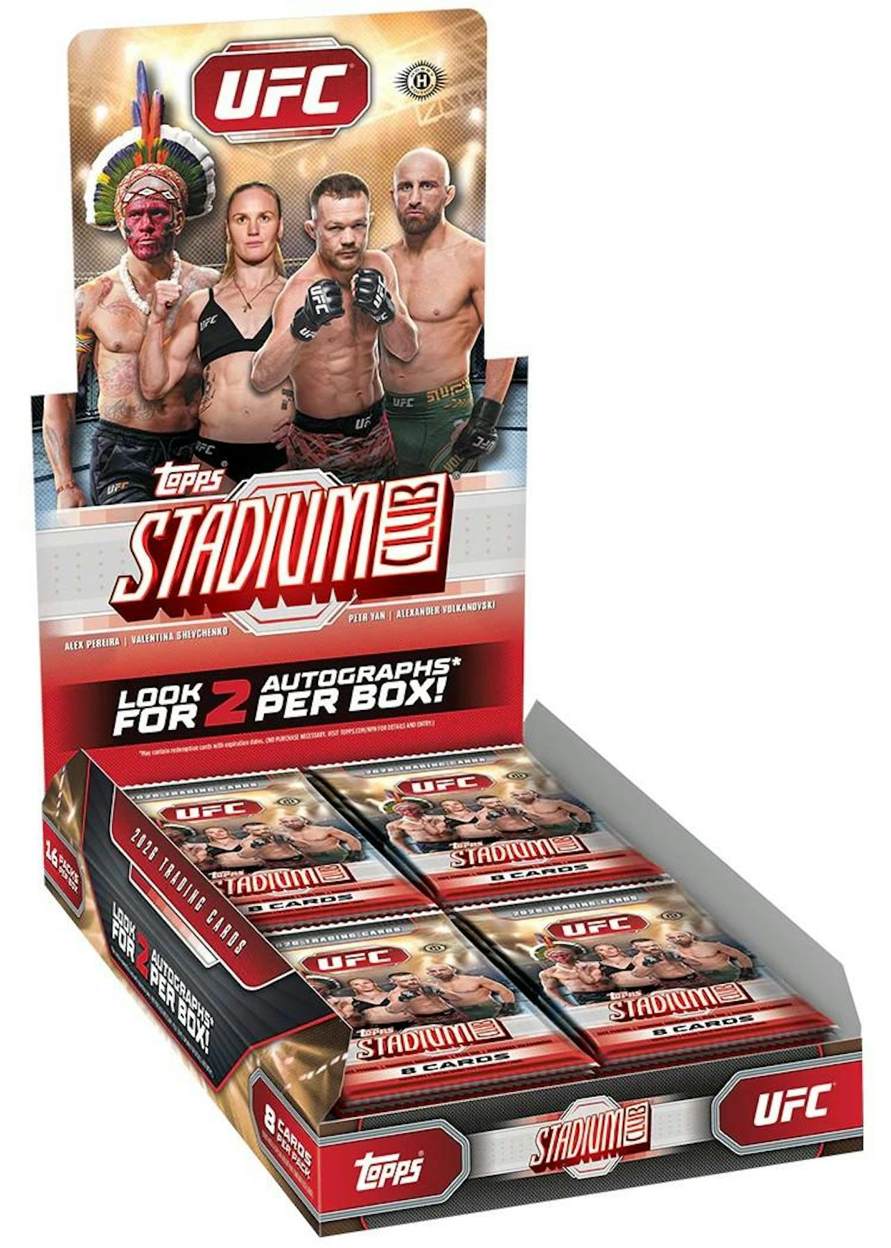 2026 Topps Stadium Club UFC Hobby Box sealed trading cards.
Back of the 2026 Topps Stadium Club UFC Hobby Box with product information.
2026 Topps Stadium Club UFC trading card pack.
2026 Topps Stadium Club UFC cards featuring premium photography, autographs, and Gold Minted Chrome inserts.
