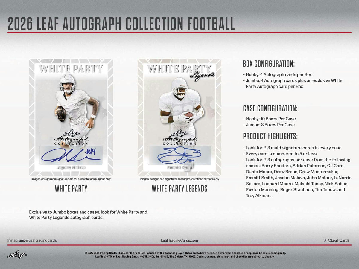 2026 Leaf Autograph Collection Football Hobby Box | Columbia Hobby - Sports Card Boxes - Toploaders - Card Savers.