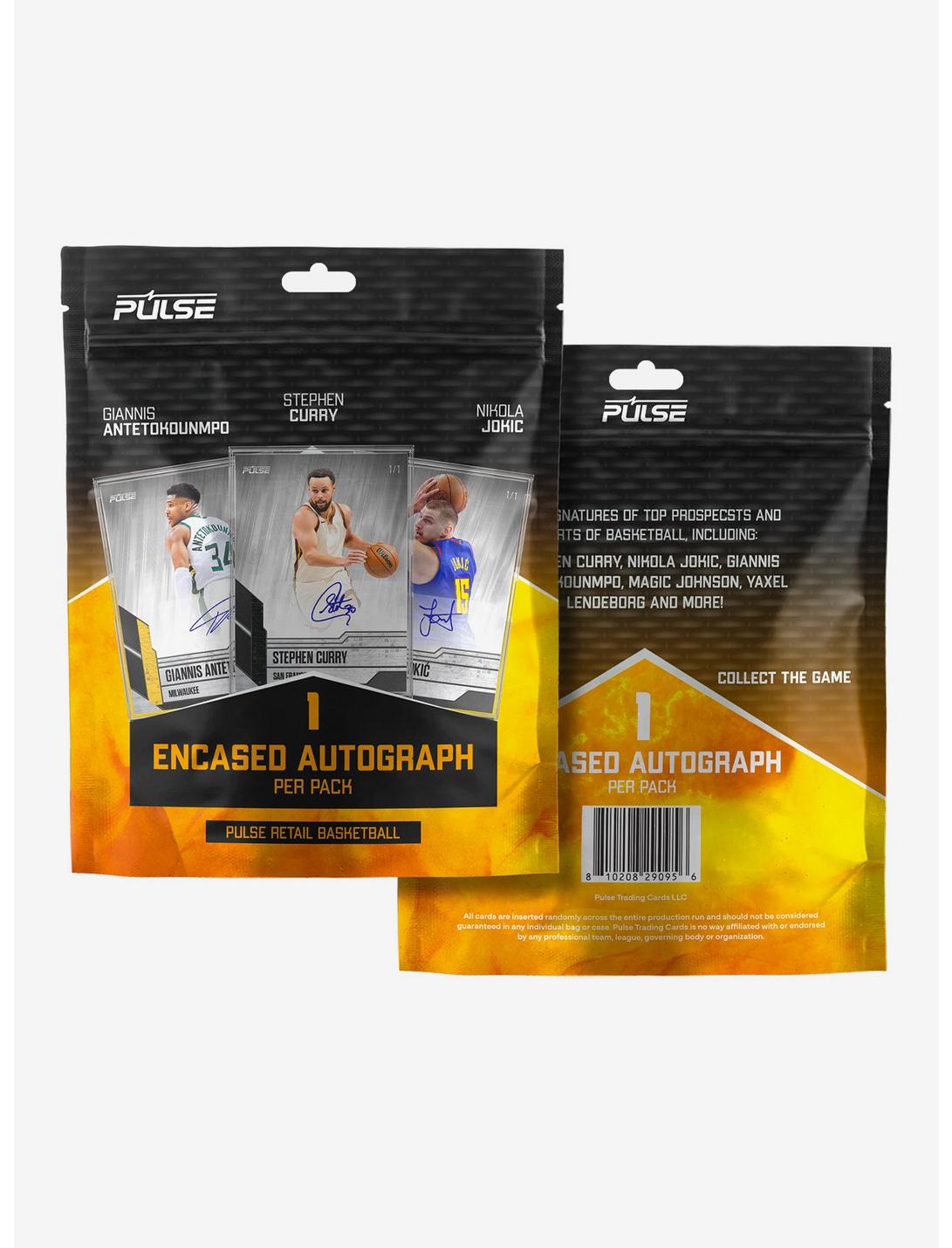 2026 Pulse Basketball Retail Series 1 autograph pack containing one encased card
2026 Pulse Basketball Retail Series 1 premium encased autograph trading card
2026 Pulse Basketball Retail Series 1 featured player checklist
Stephen Curry autograph card from 2026 Pulse Basketball Retail Series 1
Giannis Antetokounmpo autograph card from 2026 Pulse Basketball Retail Series 1
Magic Johnson autograph card from 2026 Pulse Basketball Retail Series 1