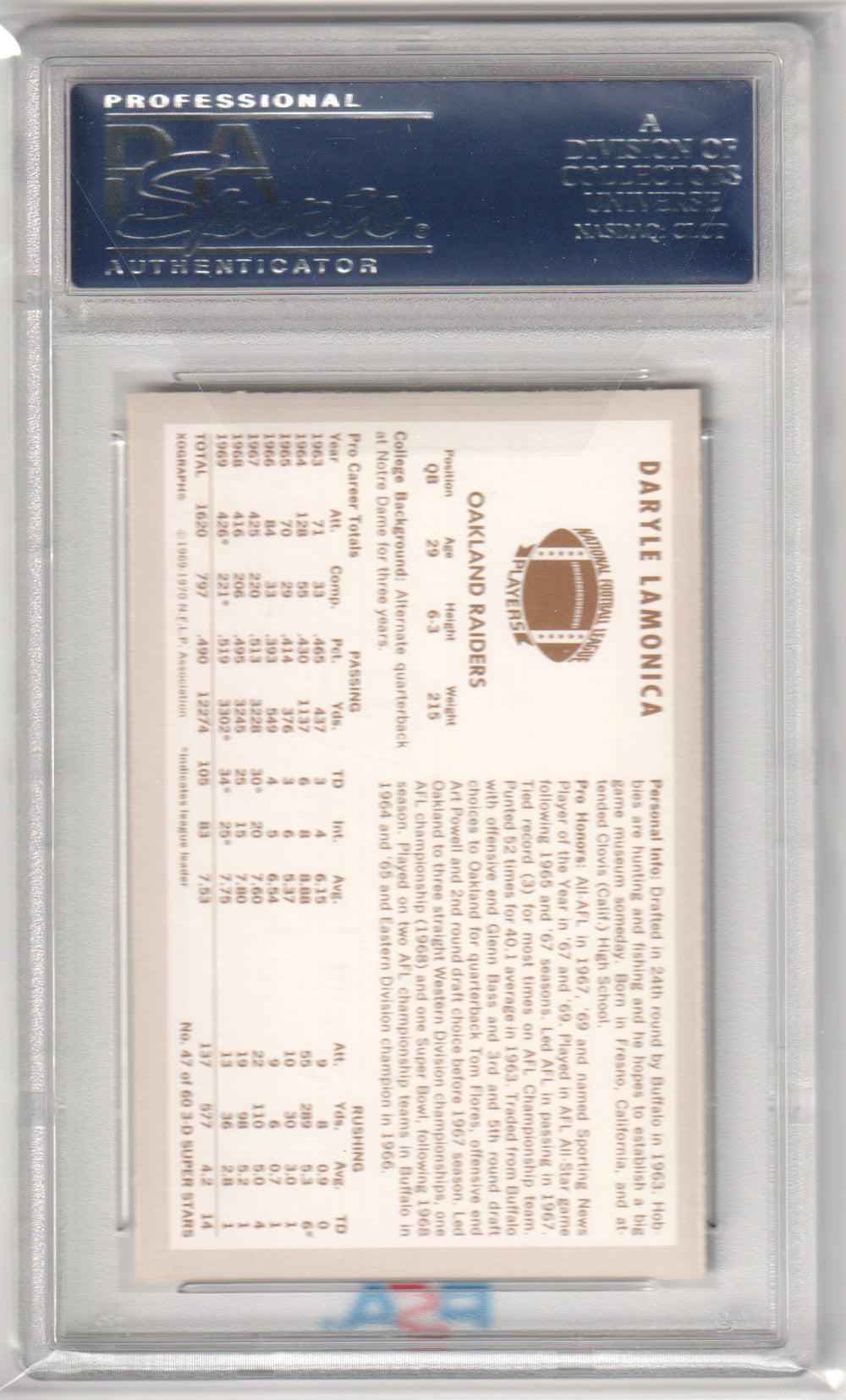 DARYLE LAMONICA 1970 Kellogg's #47 PSA 9 MINT - RAIDERS