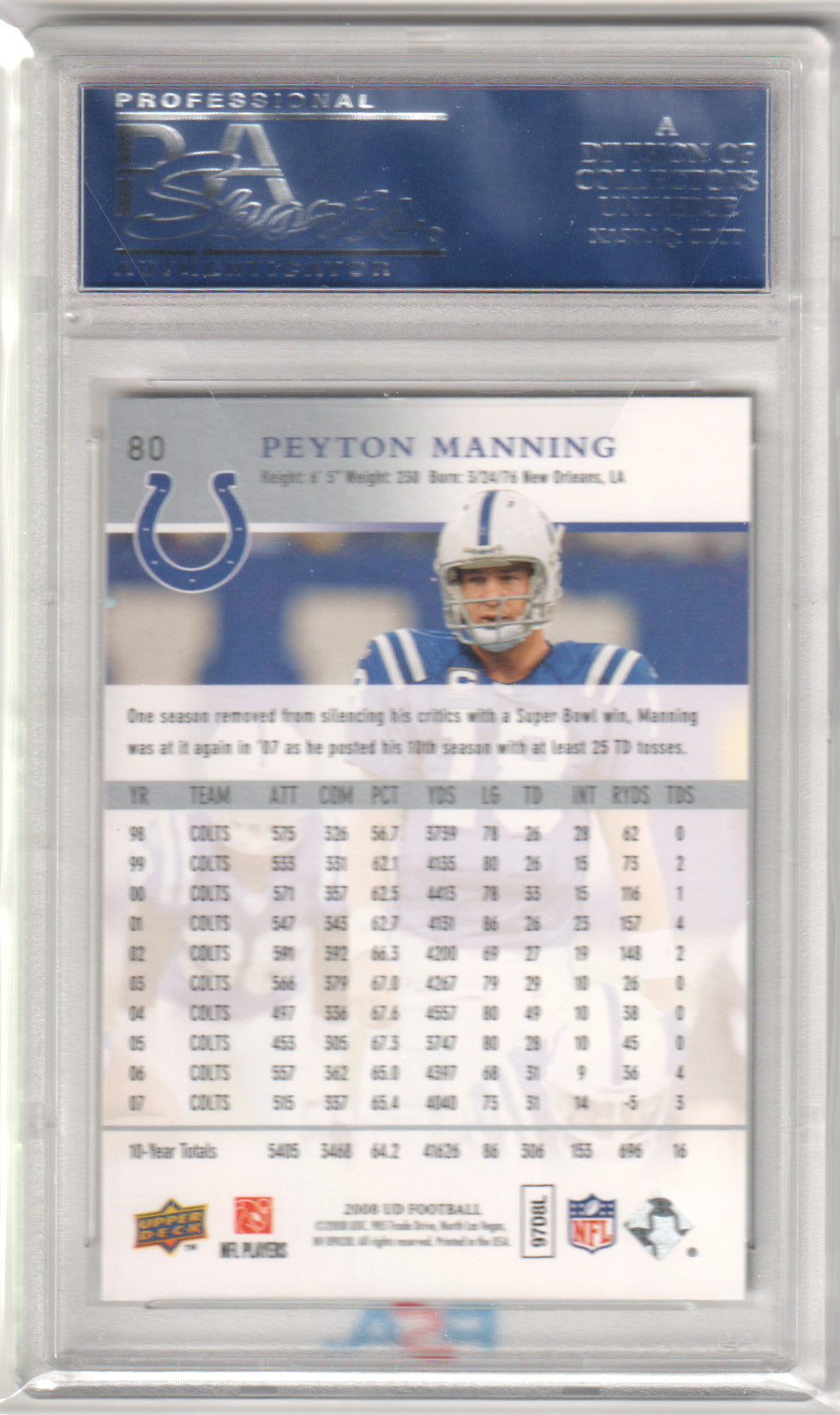 PEYTON MANNING 2008 Upper Deck #80 PSA 10 GEM MINT - COLTS