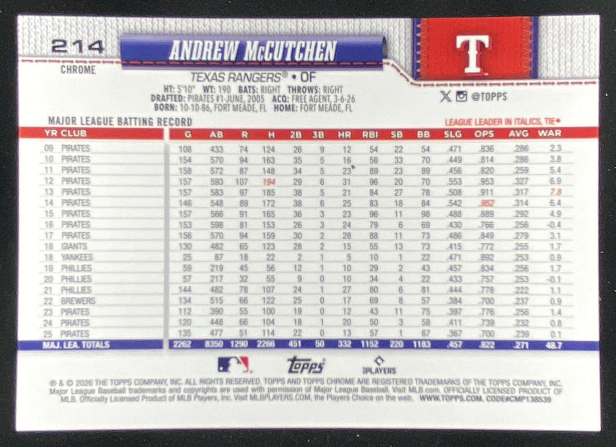 2026 Topps Chrome Andrew McCutchen #214 trading card
