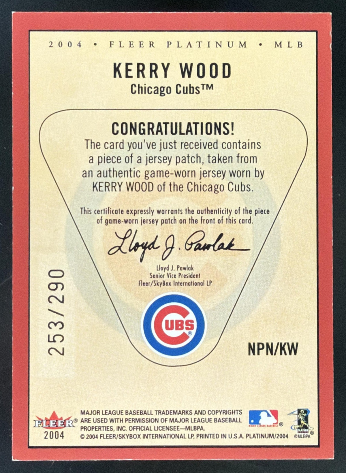 2004 Fleer Platinum Nameplates Kerry Wood Patch /290