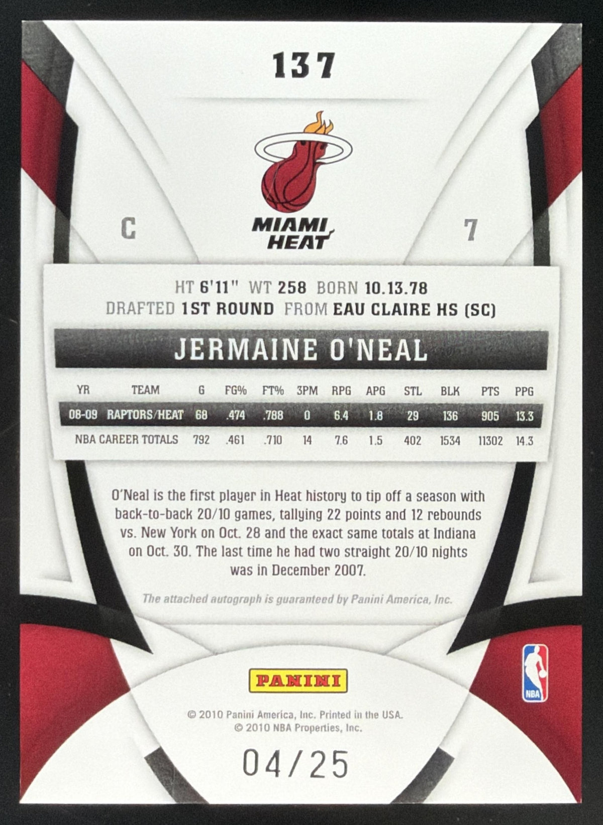 2009 Panini Certified Jermaine O'Neal Auto /25