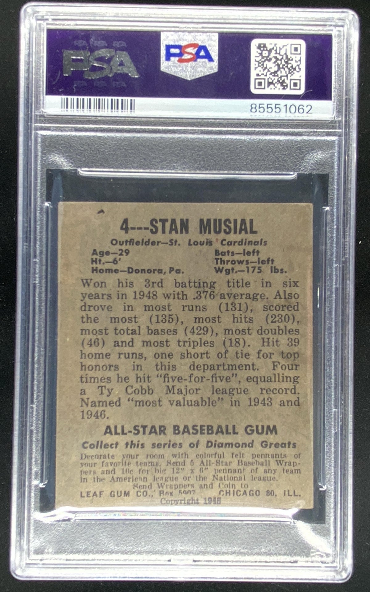 1948 Leaf Stan Musial #4 graded PSA 4 trading card