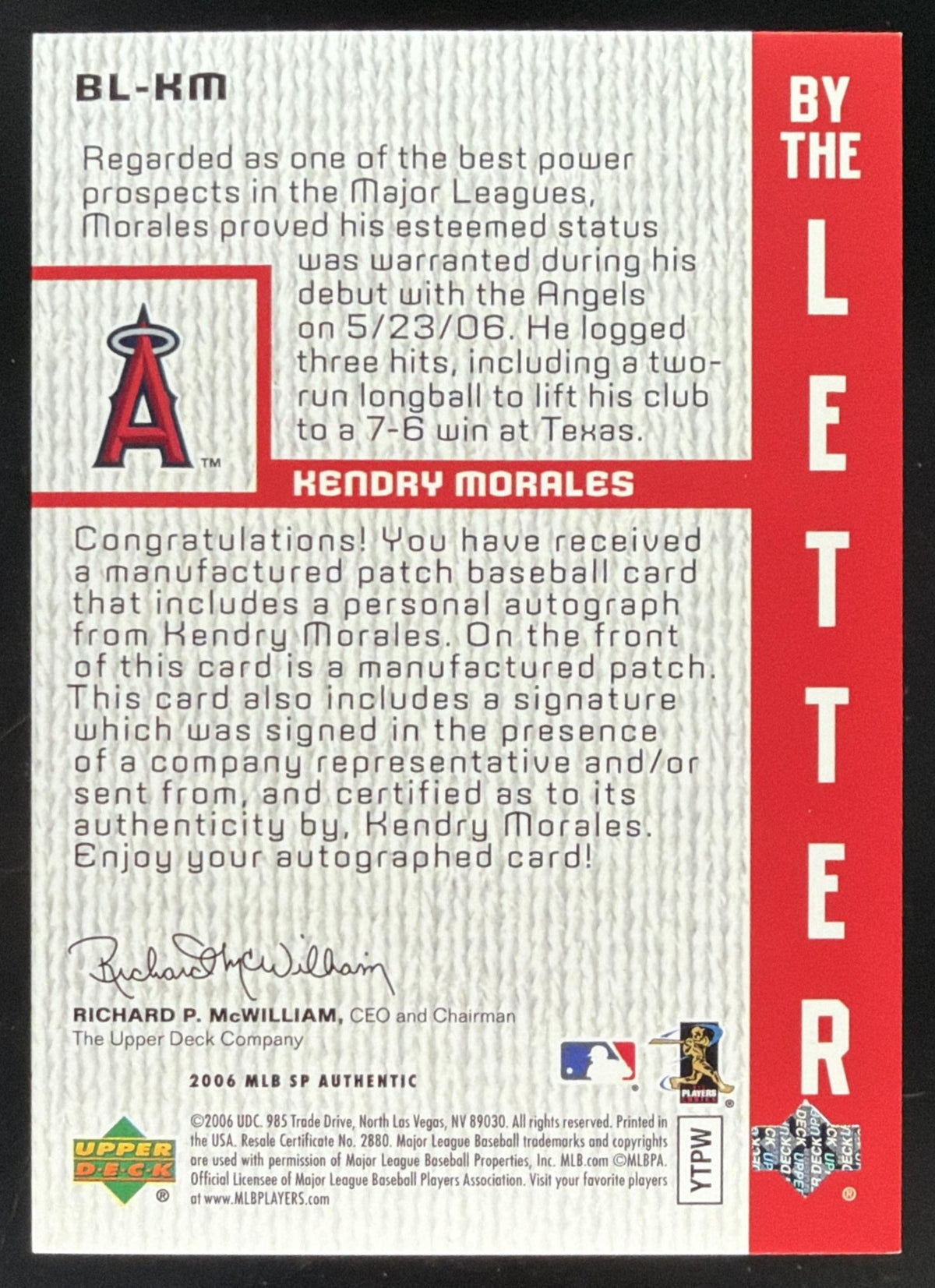 2006 SP Authentic By The Letter Kendry Morales Auto Patch /20