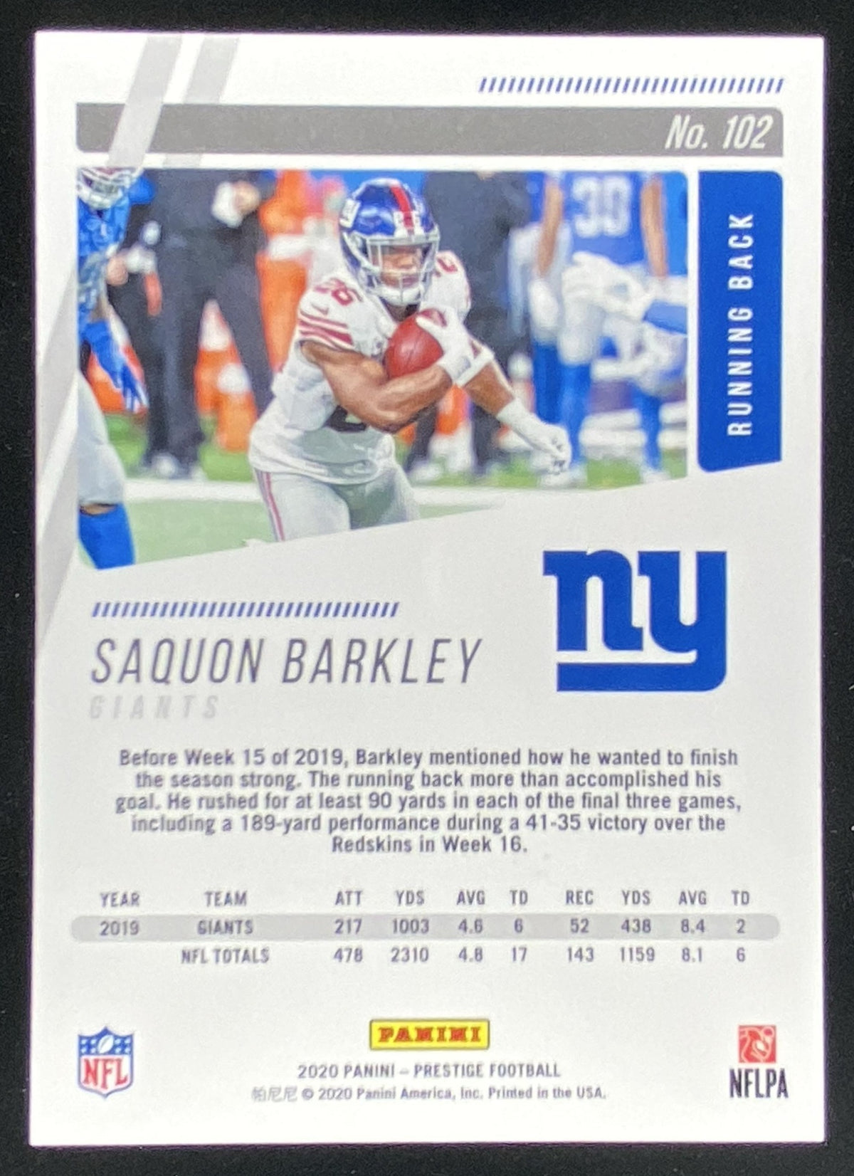 2020 Panini Prestige Saquon Barkley #102 trading card